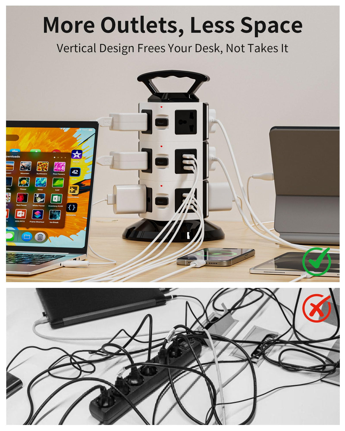 Ammora Living power strip tower independent switches provide precise on/off control.