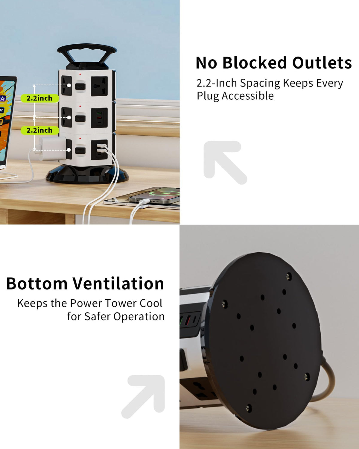 Ammora Living power strip tower suits dorms and offices for organized charging.