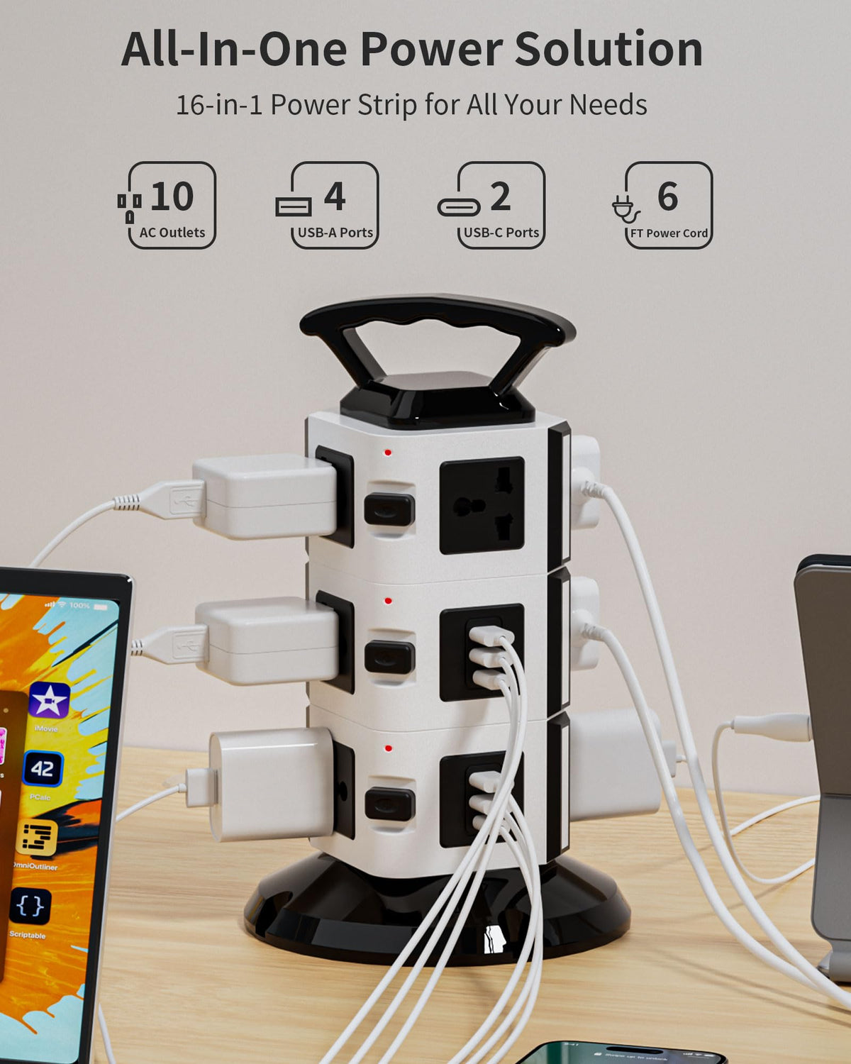 Ammora Living power strip tower USB-A ports in action for fast charging.