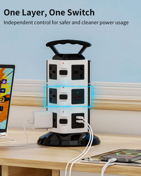 Ammora Living power strip tower USB-C ports ready for quick power.
