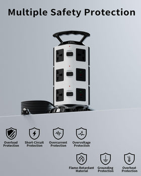 Ammora Living power strip tower wide-spaced outlets improve compatibility with large adapters.