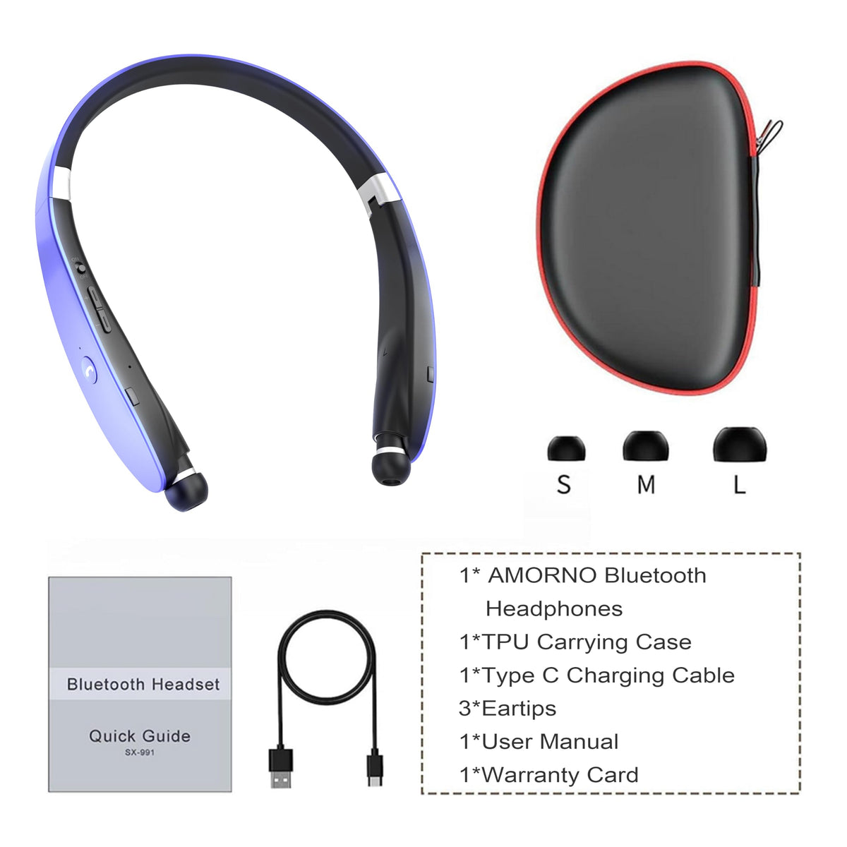 AMORNO neckband paired to phone showing battery status for long runtime