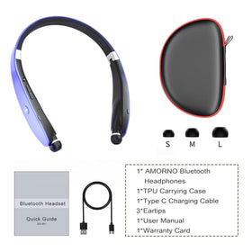 AMORNO neckband paired to phone showing battery status for long runtime