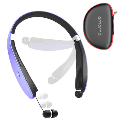 AMORNO front view showing neckband and earbuds, highlighting portable design
