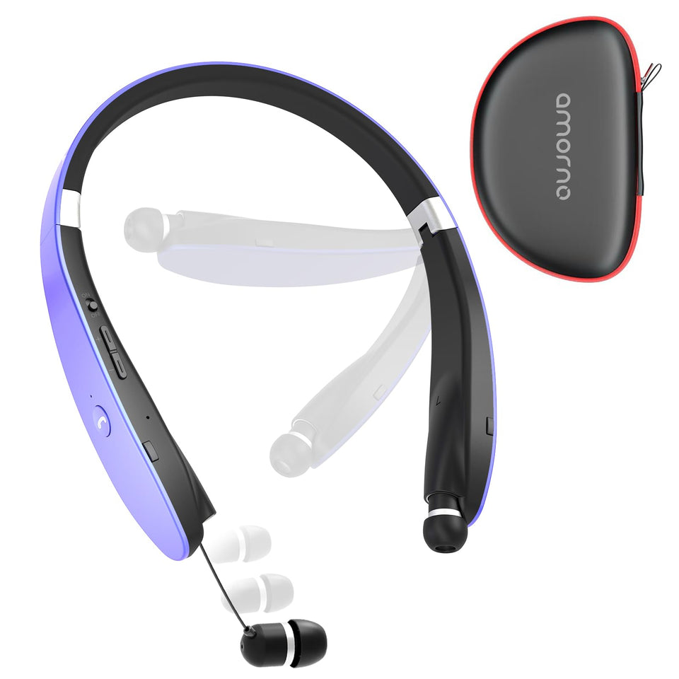 AMORNO front view showing neckband and earbuds, highlighting portable design