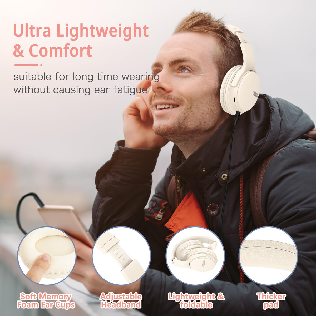 AMORNO folded headphones next to protective case for compact travel convenience