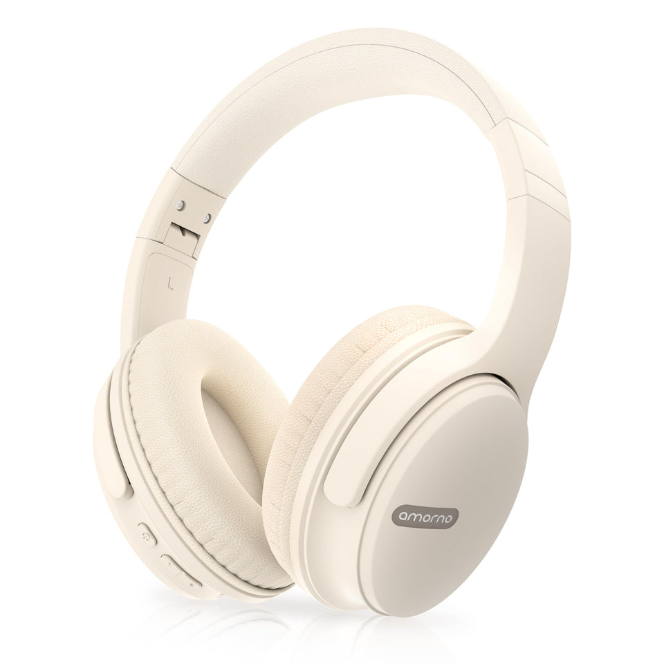 AMORNO front view showing white over-ear design and clean branding, comfortable look