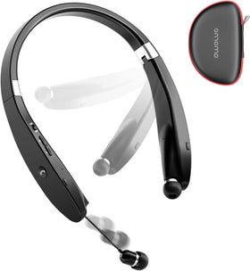 AMORNO neckband front view showing compact foldable design and portability