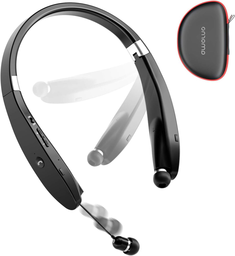 AMORNO neckband front view showing compact foldable design and portability