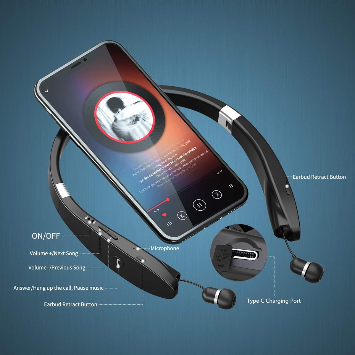 AMORNO retractable earbud close-up illustrating tangle-free cable storage benefit