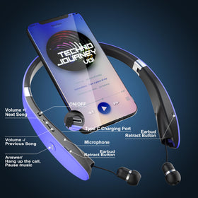 AMORNO retractable earbuds close-up showing mechanism and tidy storage benefit
