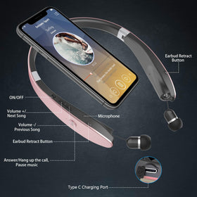 AMORNO retractable earbuds close-up illustrating tangle-free convenience