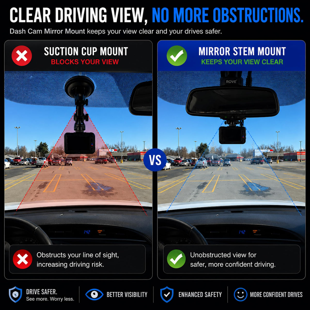 AMORTEK mirror-stem clip securely grips rearview stem for steady footage.