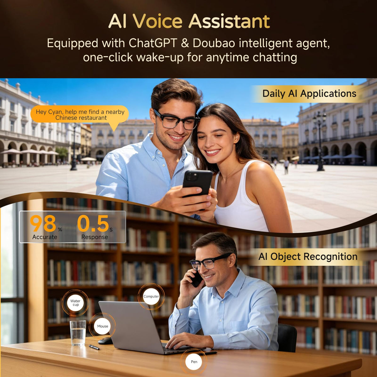 AMOVAN AI Smart Glasses fast-charging-battery charges in hours for daily use.