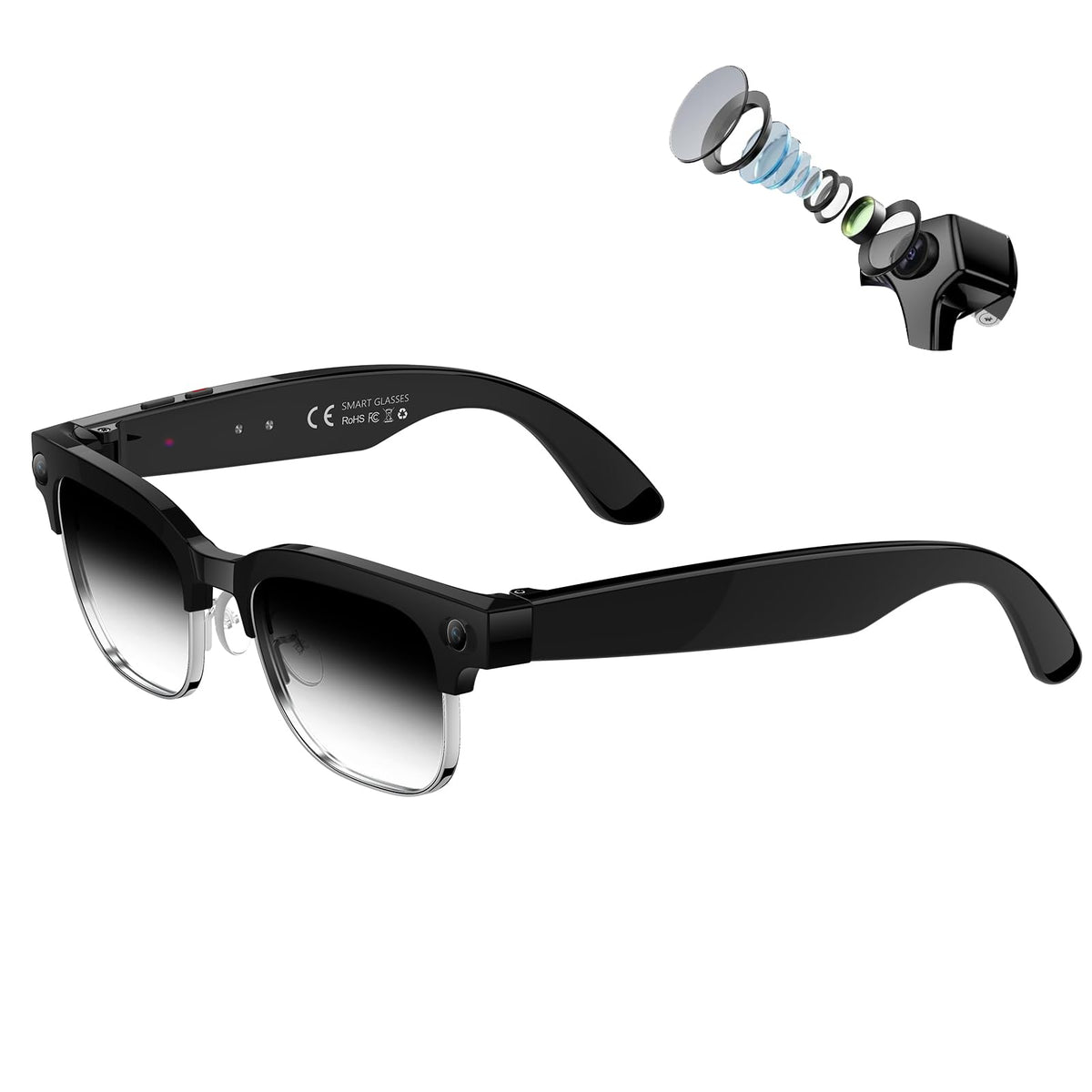 AMOVAN AI Smart Glasses front view shows comfortable wear and hands-free recording.