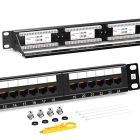 AMPCOM Premium CAT6 patch panel front view with 24 ports for organized wiring.