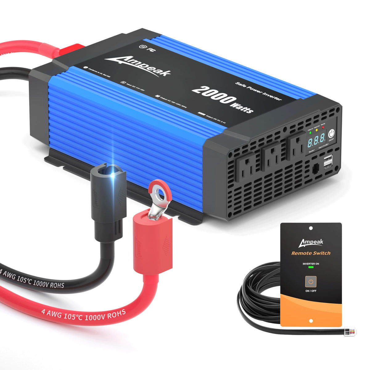 Ampeak 2000W inverter with anti-spark terminals for safe vehicle power access.