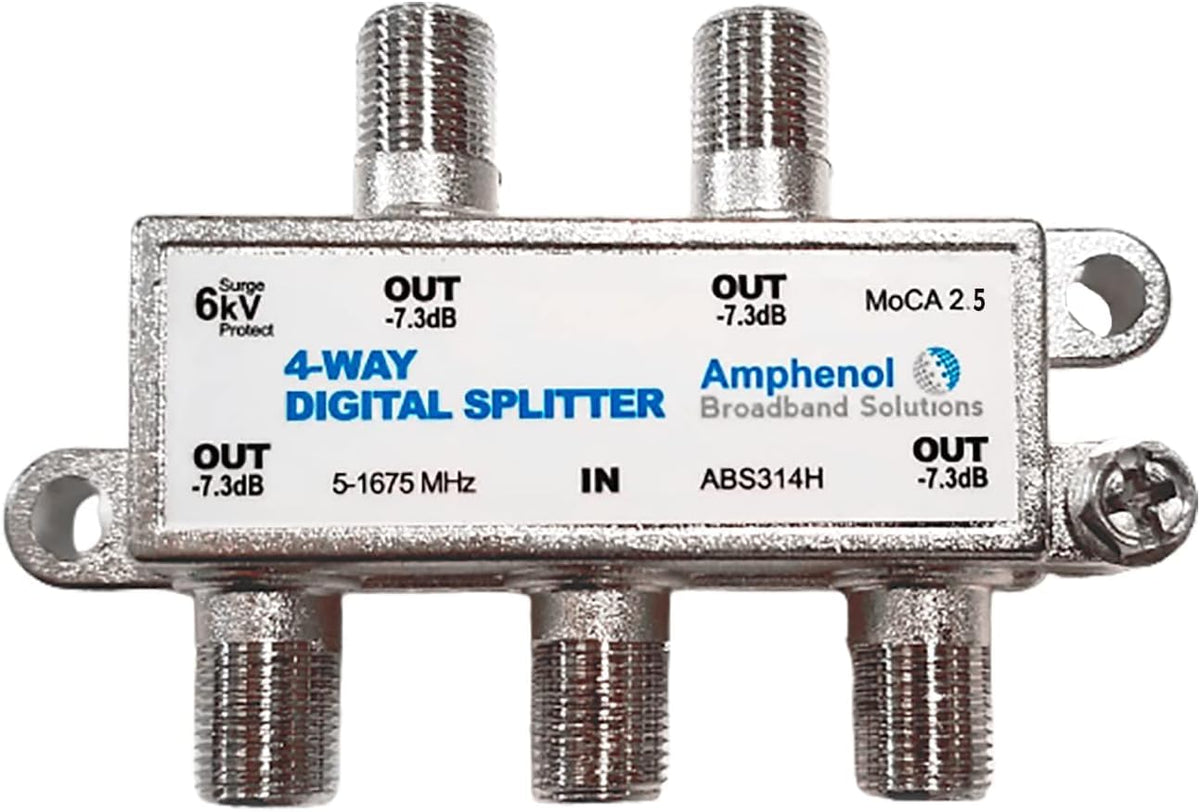Amphenol ABS314H MoCA 2.5 4-way splitter enabling robust home networking.