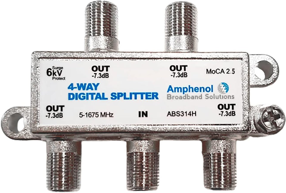 Amphenol ABS314H MoCA 2.5 4-way splitter enabling robust home networking.
