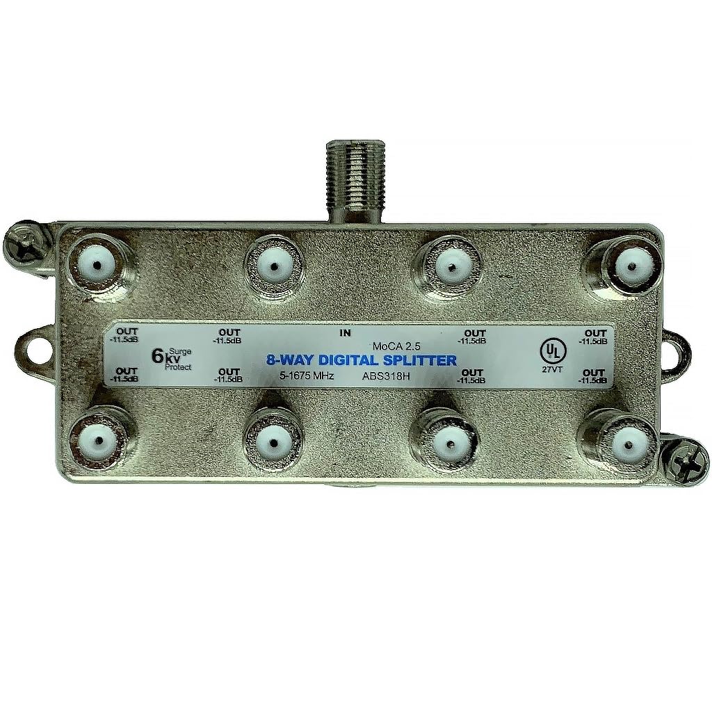 Amphenol ABS318H front panel showing eight F-ports and durable metal housing for reliable distribution
