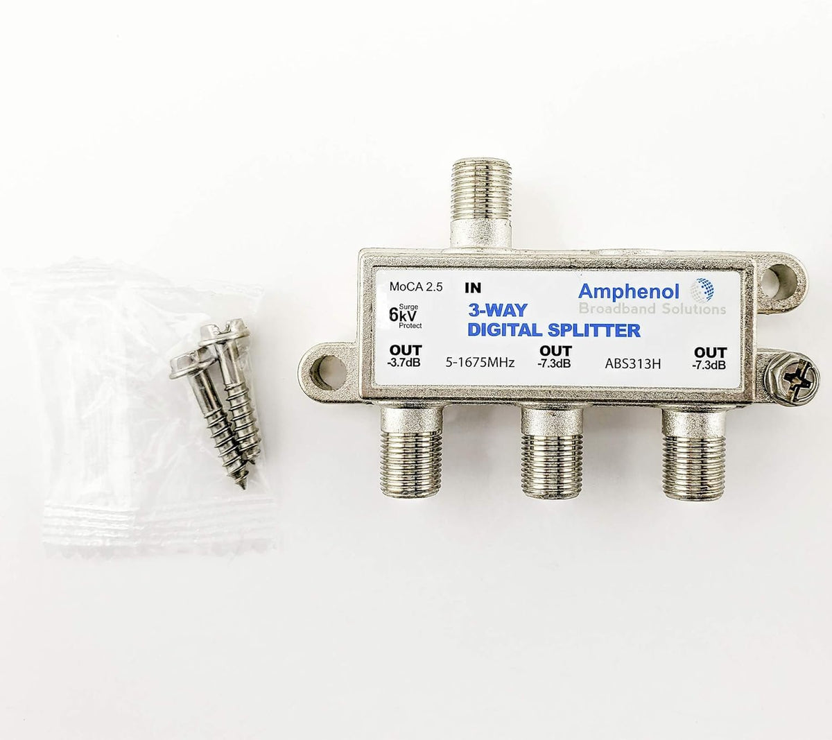 MoCA 2.5 signal splitter by Amphenol with low insertion loss for clear networks