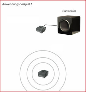 Amphony iFinity receiver connected to a powered subwoofer showing tidy wireless benefit