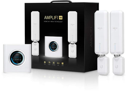 AmpliFi HD router with touchscreen showing network status and performance