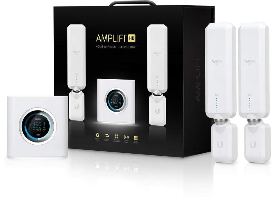AmpliFi HD router with touchscreen showing network status and performance