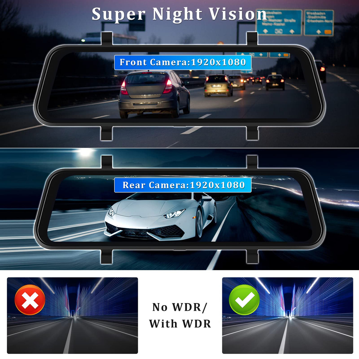 AMprime 1080p front camera with WDR captures daytime and low-light scenes.