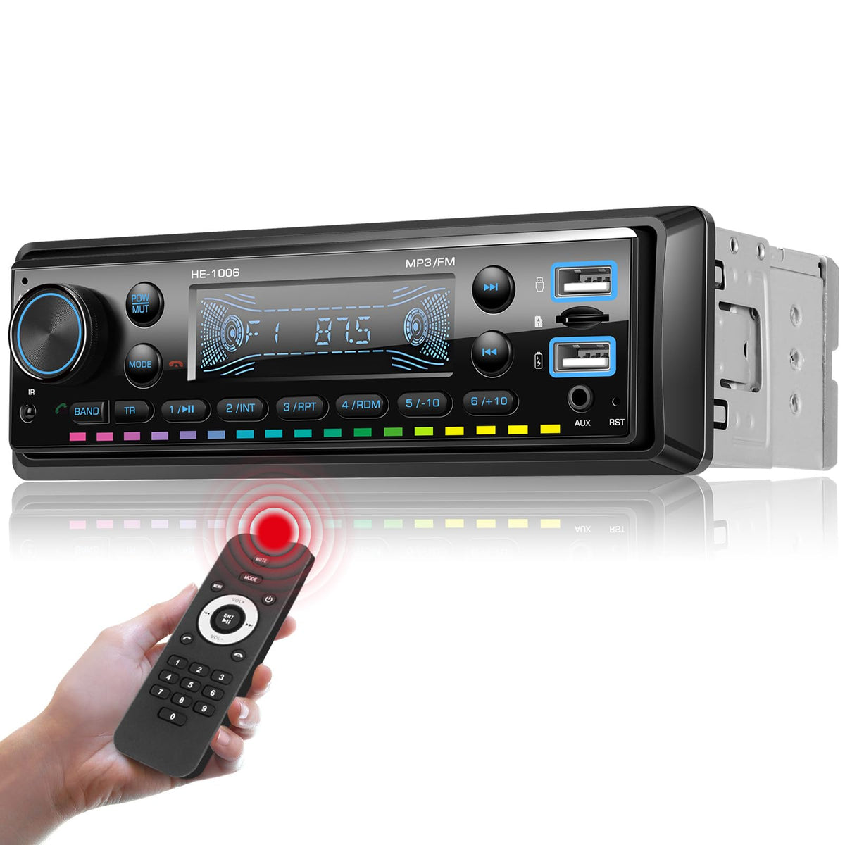 AMprime single din front panel view with Bluetooth for safe hands-free driving calls.