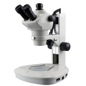 AmScope 8X-50X track stand with zoom head for precise sample focusing.