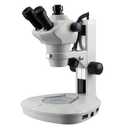 AmScope 8X-50X track stand with zoom head for precise sample focusing.