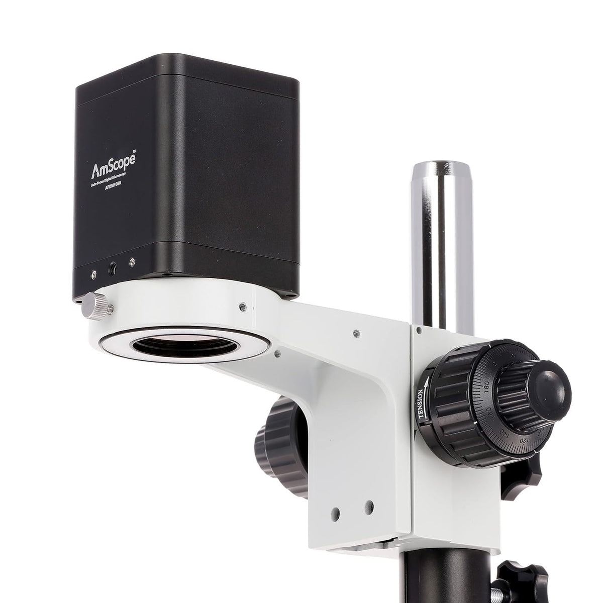 AmScope AF Series LED ring light provides bright, even illumination for detail.