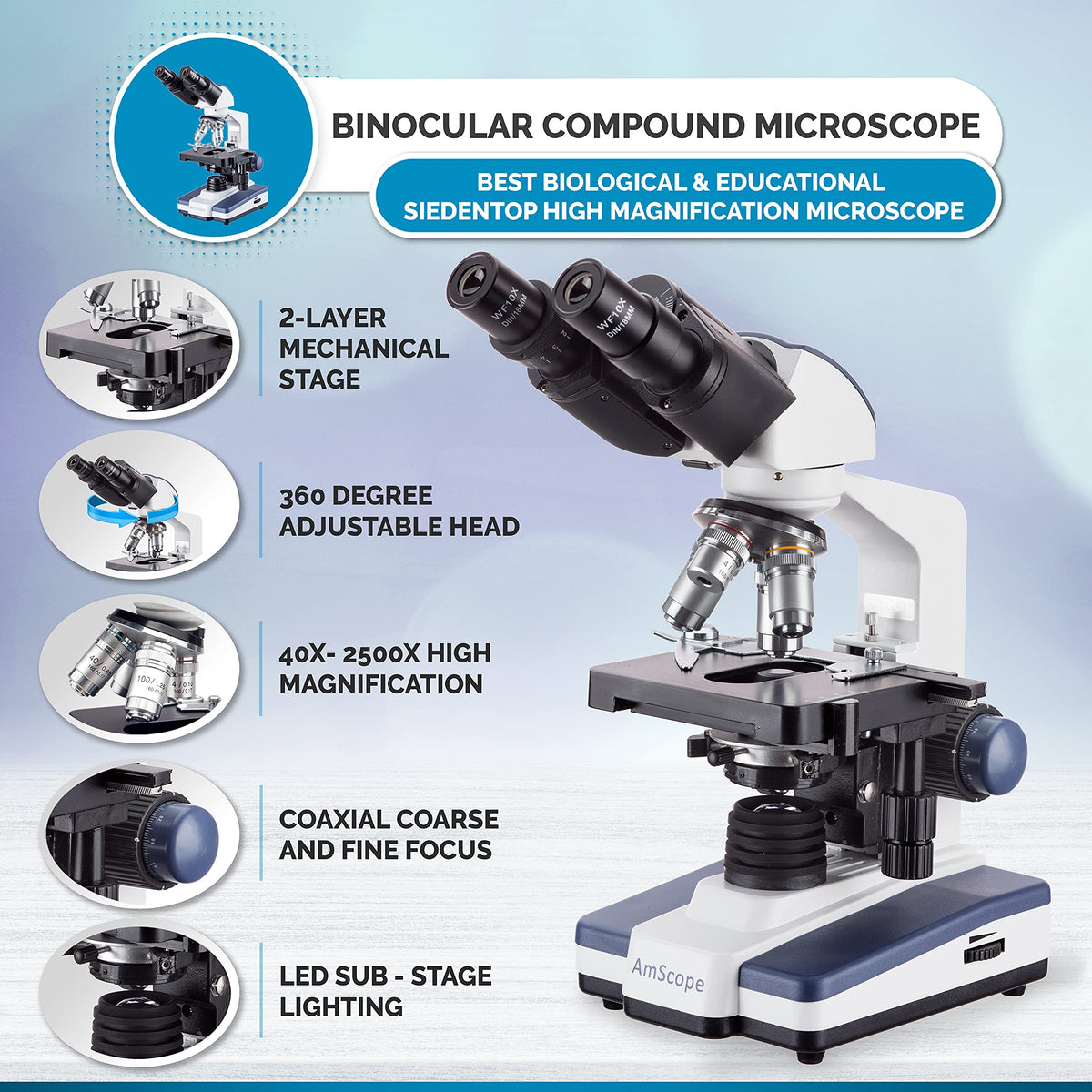 AmScope B120 40X-2500X magnification range enables detailed cellular observation.