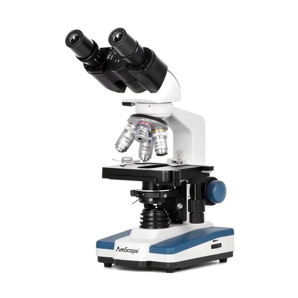 AmScope B120C microscope front view showing a durable classroom-ready instrument
