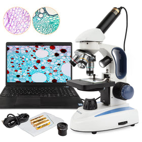 AmScope biology microscope front view highlights sturdy metal frame for classroom use.