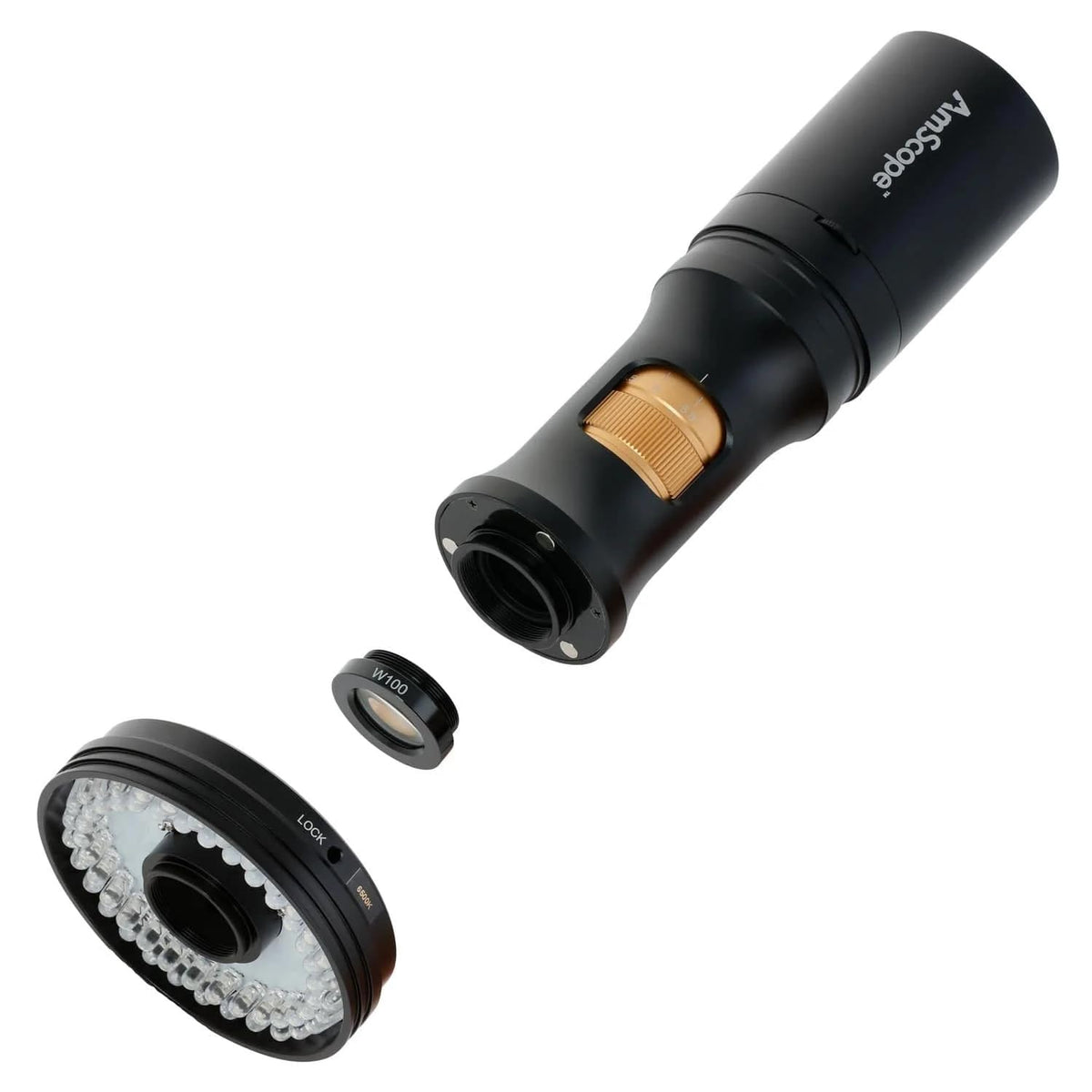 AmScope DM756H2D-DAB zoom-range image highlights 0.7x-5.6x magnification