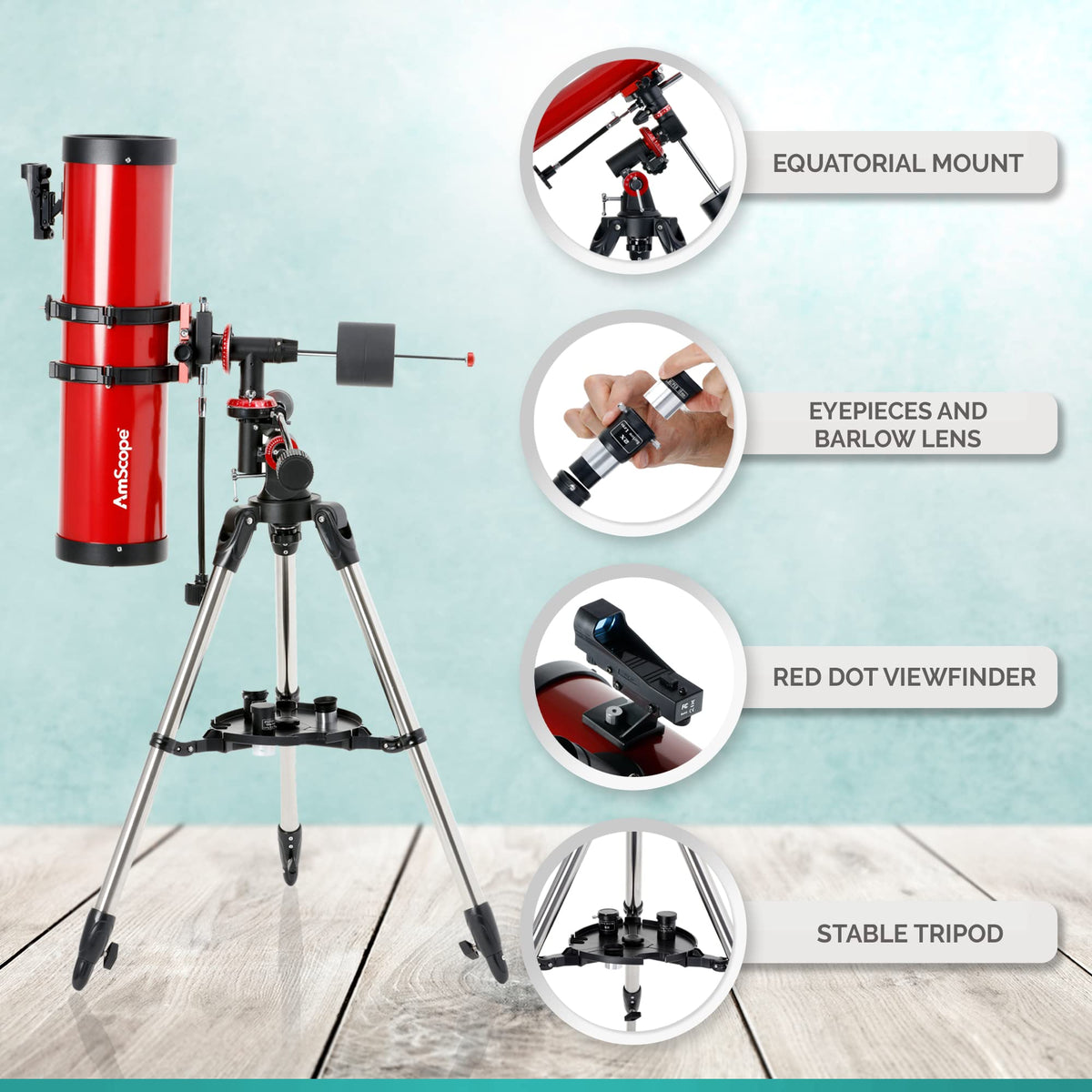 AmScope equatorial mount enables smooth tracking of objects across night sky.