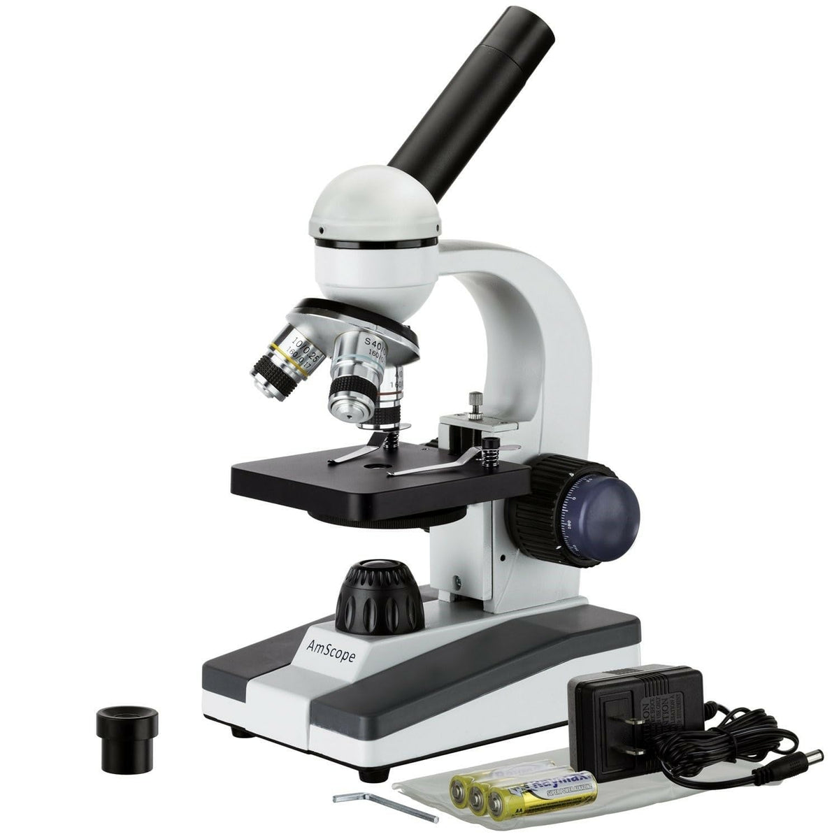 AmScope M150C compact base and stage for desk setups.