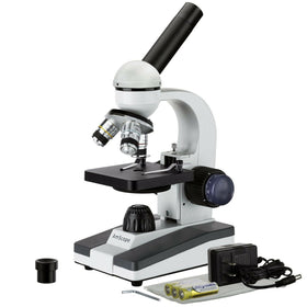 AmScope M150C compact base and stage for desk setups.