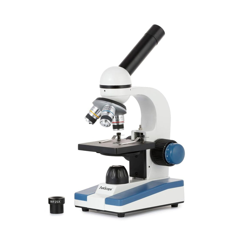 AmScope M150C monocular head with 360° rotation for flexible viewing.