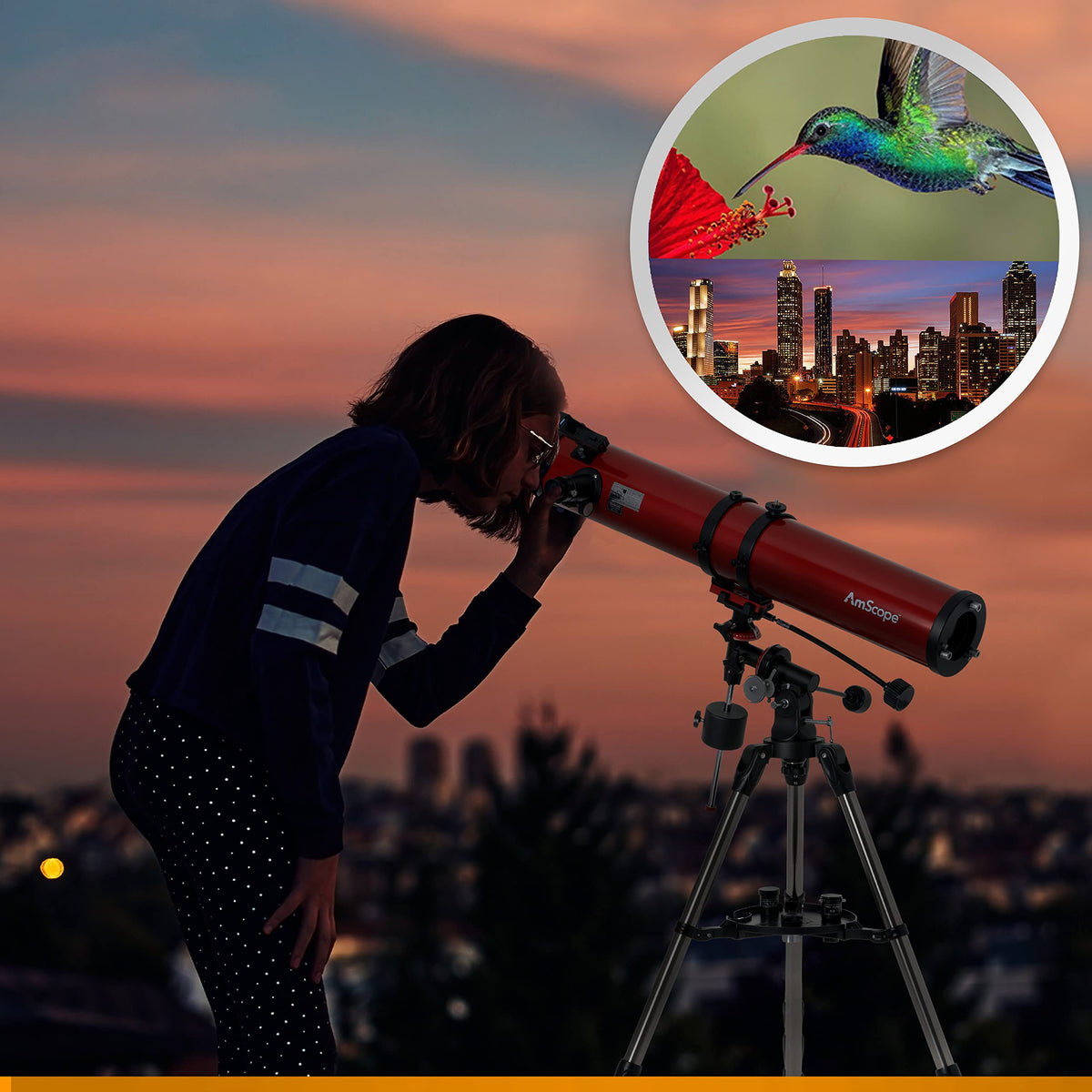 AmScope Reflector EQ telescope on equatorial mount with slow-motion controls for smooth tracking
