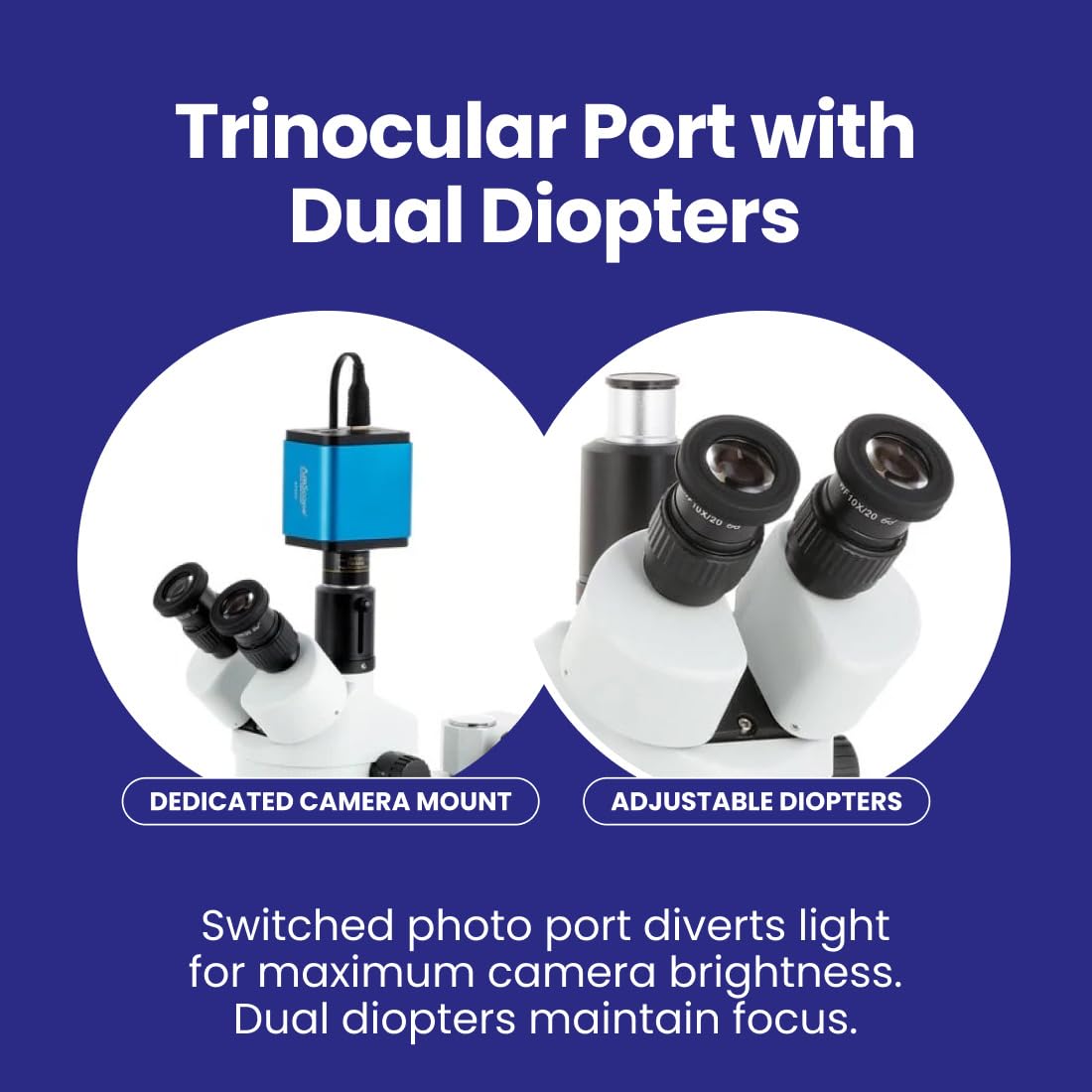 AmScope SM-3T ambient lighting illuminates specimens without batteries.