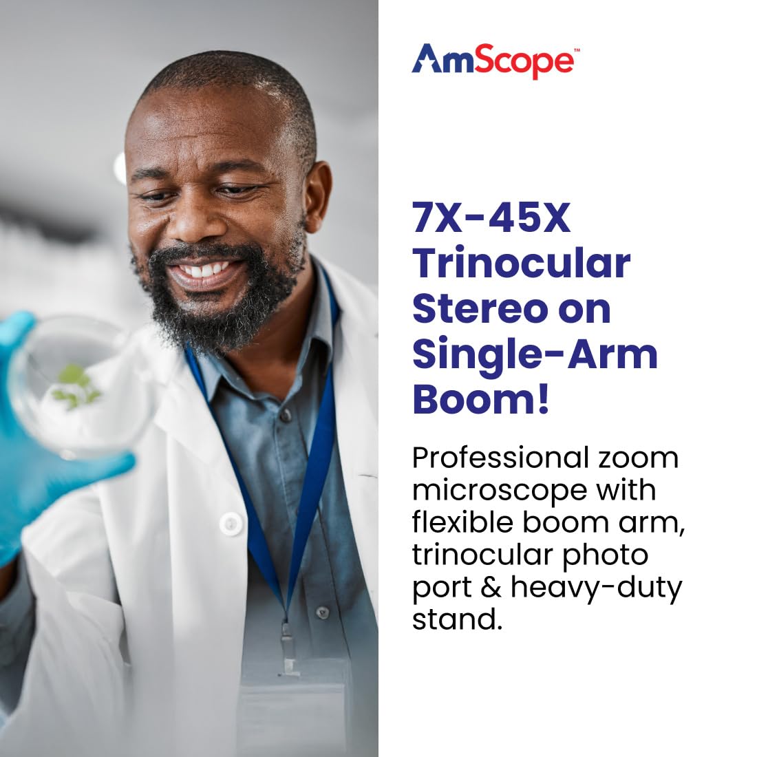 AmScope SM-3T trinocular head for shared viewing and 360-degree rotation.
