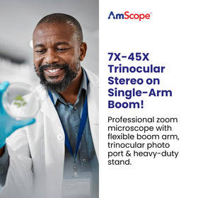 AmScope SM-3T trinocular head for shared viewing and 360-degree rotation.