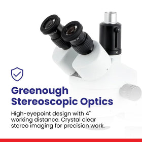 AmScope SM-3T 8-inch vertical working distance enables roomy maneuvering.