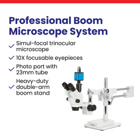 AmScope SM-4NTP dual-arm boom setup supports versatile workplace configurations.