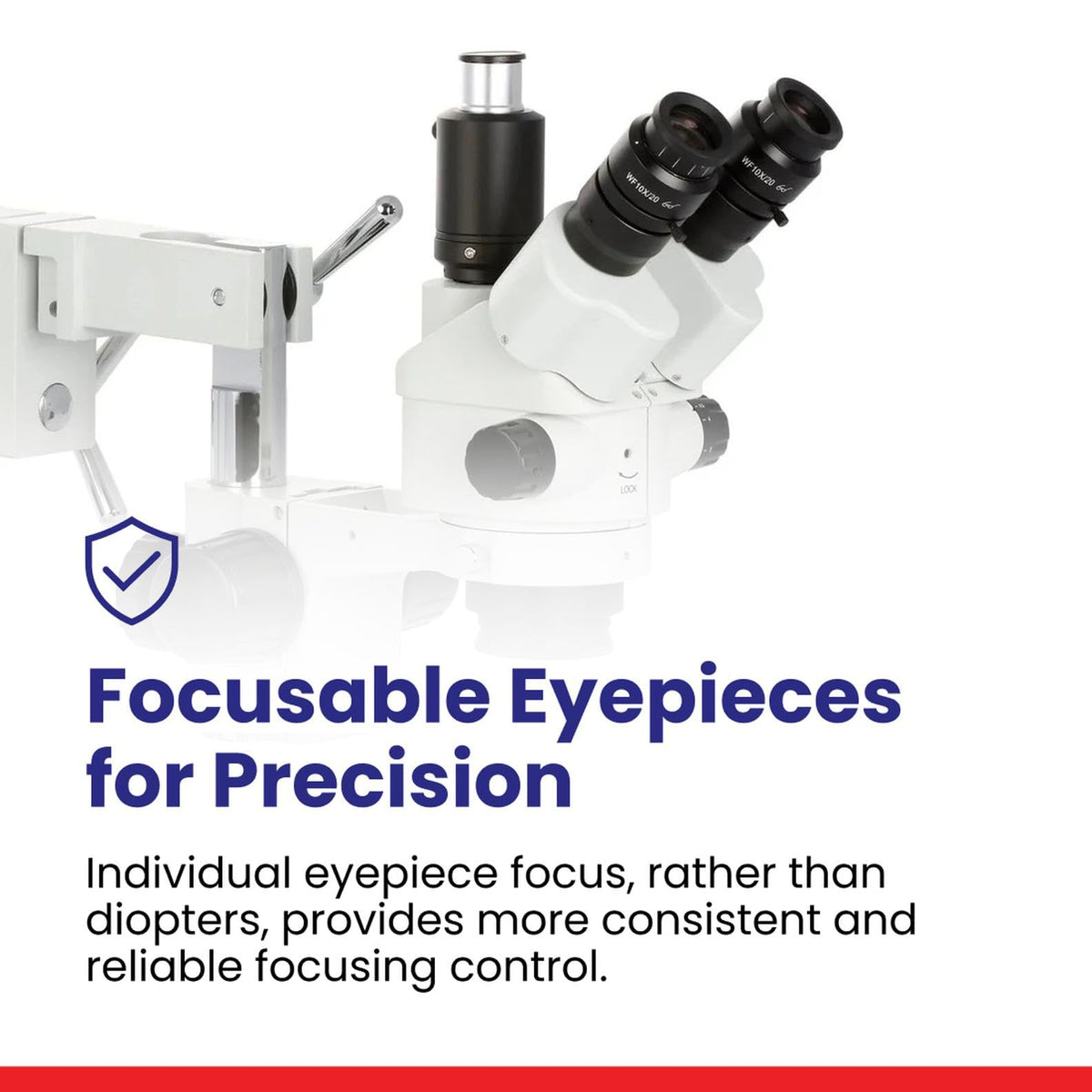 AmScope SM-4NTP lockable head maintains stable zoom angles during work.