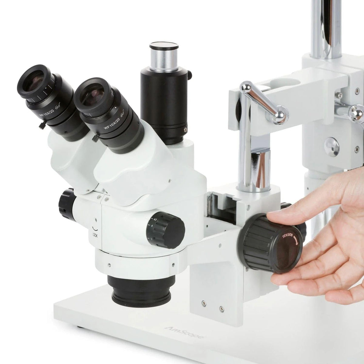 AmScope SM-4NTPX mounted on a flexible double-arm boom stand for versatile positioning