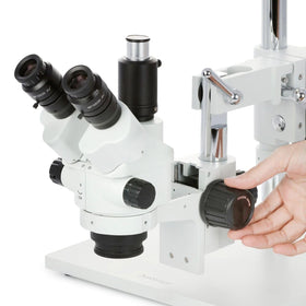 AmScope SM-4NTPX mounted on a flexible double-arm boom stand for versatile positioning
